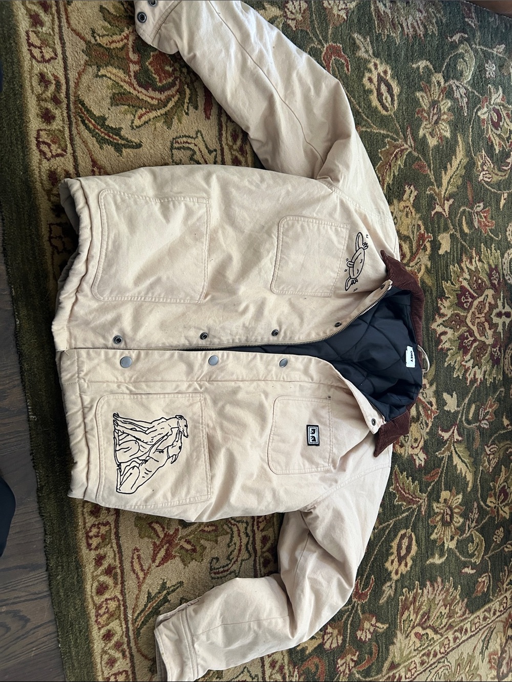 Obey Beige Work Jacket with Black Lining and Brown Corduroy Collar